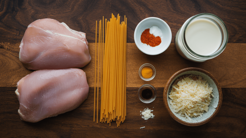 Key ingredients for Cajun Chicken Pasta, including chicken breasts, pasta, heavy cream, Parmesan cheese, and Cajun seasoning.