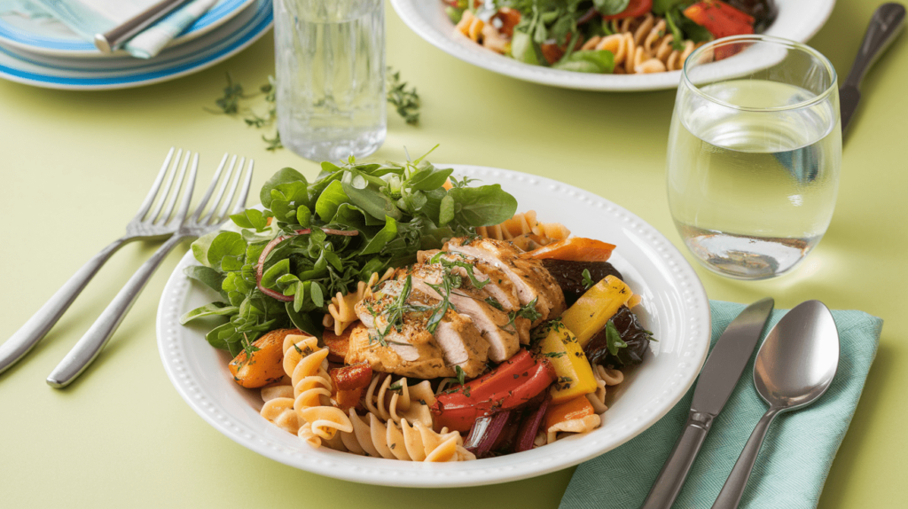 Cajun chicken pasta served with a side of roasted vegetables and a fresh green salad.