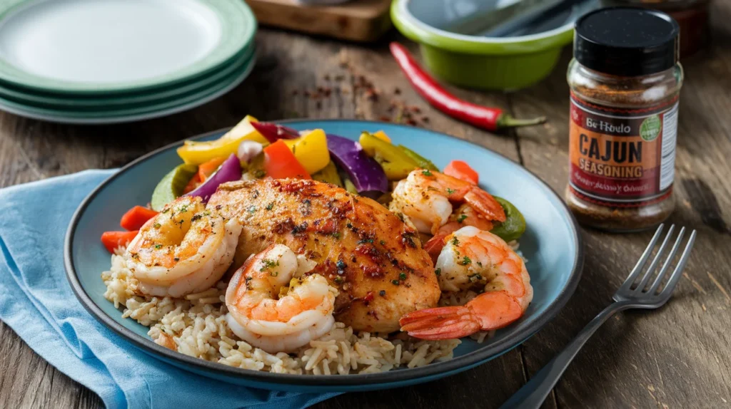 A plate of spicy Cajun chicken and shrimp served with rice and vegetables.