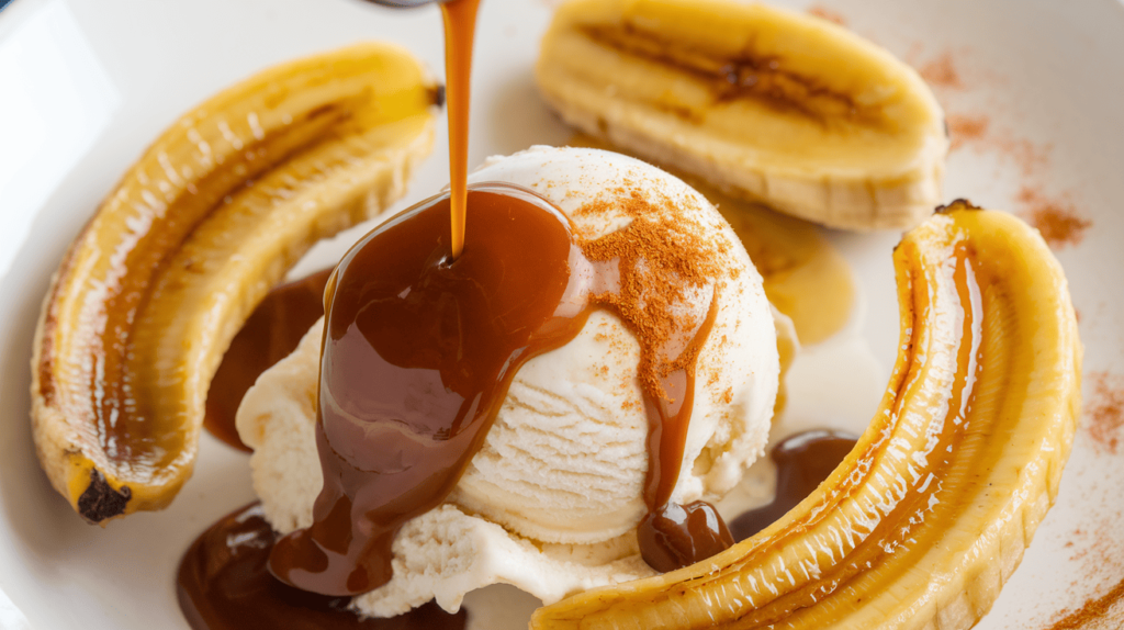 Caramel sauce being poured over vanilla ice cream with caramelized bananas