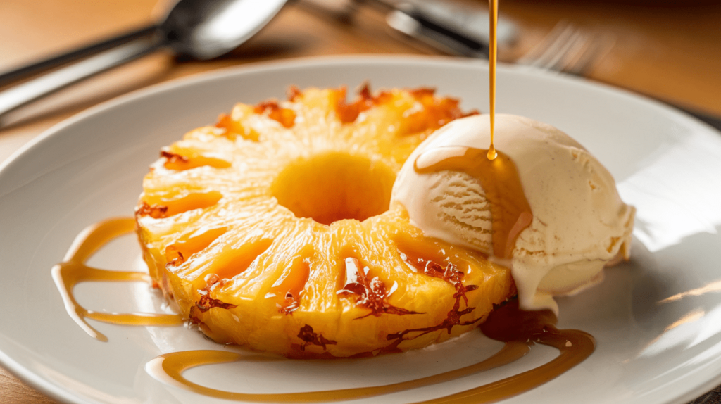 A plate of golden caramelized pineapple slices served with a scoop of vanilla ice cream and caramel drizzle.