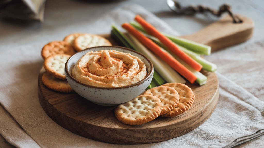 Creamy cashew cheese spread garnished with paprika, served with crackers and vegetable sticks.