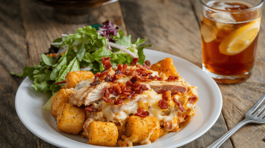 A serving of Chicken Bacon Ranch Tater Tot Casserole on a plate, paired with a fresh garden salad and a glass of iced tea.