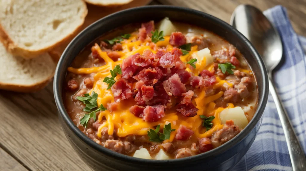 A bowl of hamburger potato soup topped with melted cheddar cheese and crumbled bacon.