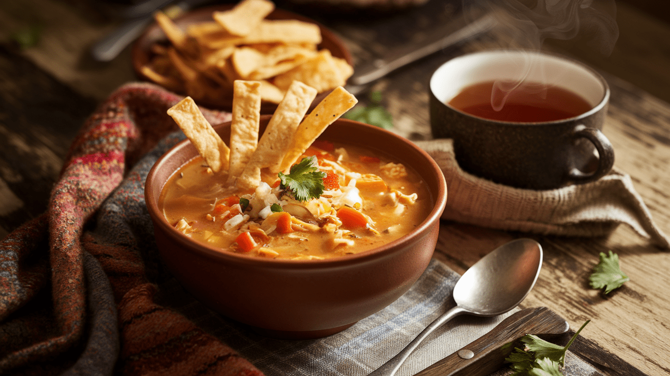 A bowl of Chick-fil-A Chicken Tortilla Soup with tortilla strips on top, placed on a rustic wooden table with a warm scarf and a steaming mug of tea beside it.