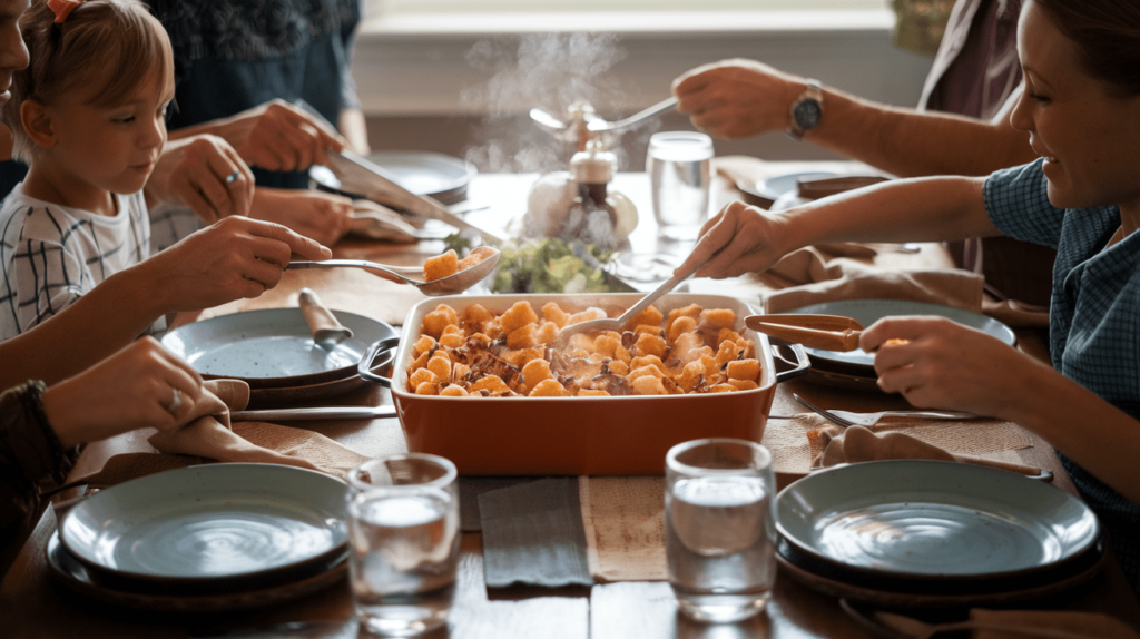 A family gathered around a dining table, serving Chicken Bacon Ranch Tater Tot Casserole with smiles and conversation.