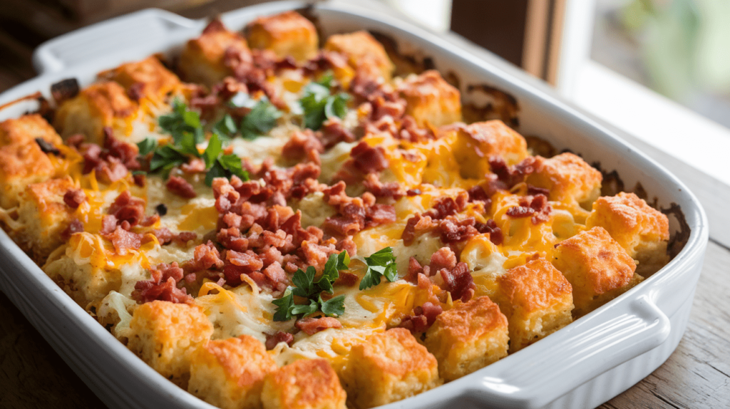 A golden-brown Chicken Bacon Ranch Tater Tot Casserole, garnished with fresh parsley in a white baking dish.