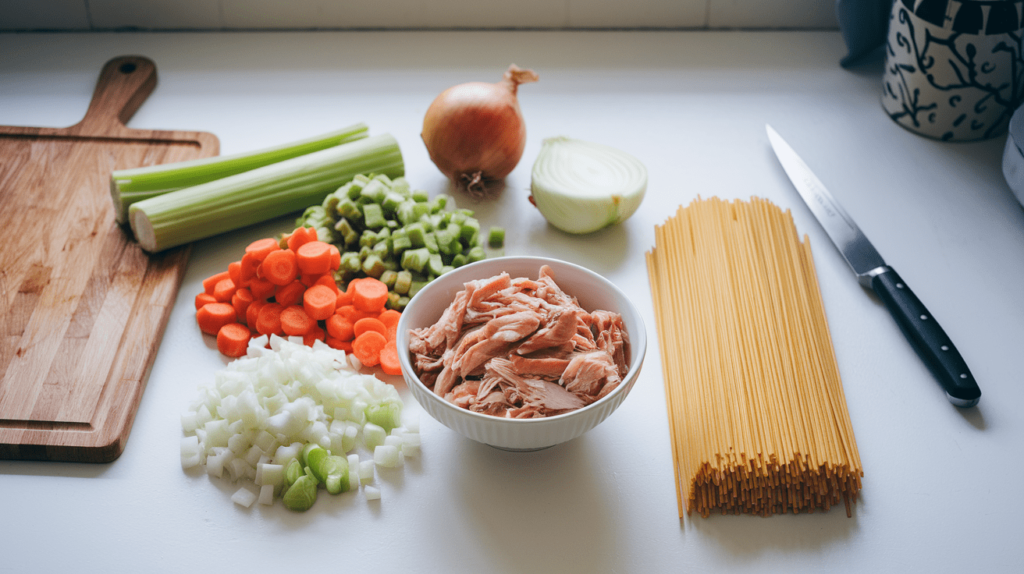 Fresh ingredients for Chick-fil-A Chicken Noodle Soup, including shredded chicken, carrots, celery, onions, and noodles, displayed on a clean kitchen counter.