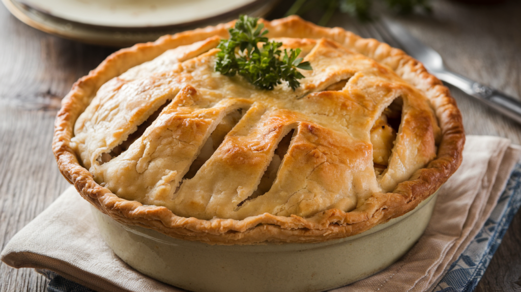 A golden-brown chicken pot pie with a flaky crust, garnished with fresh parsley, served on a rustic wooden table.