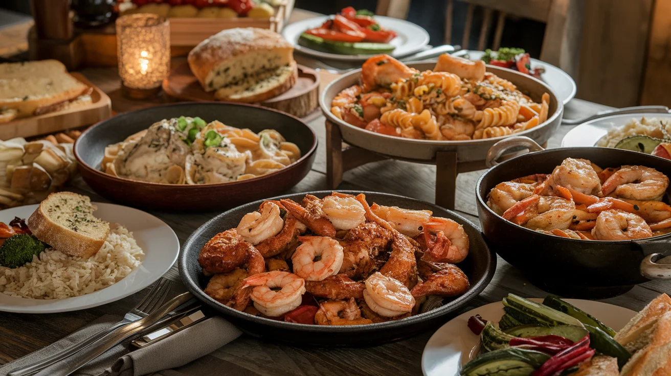 A lavish spread featuring Cajun chicken and shrimp, garlic butter pasta, and stir fry, with sides of rice and roasted vegetables.