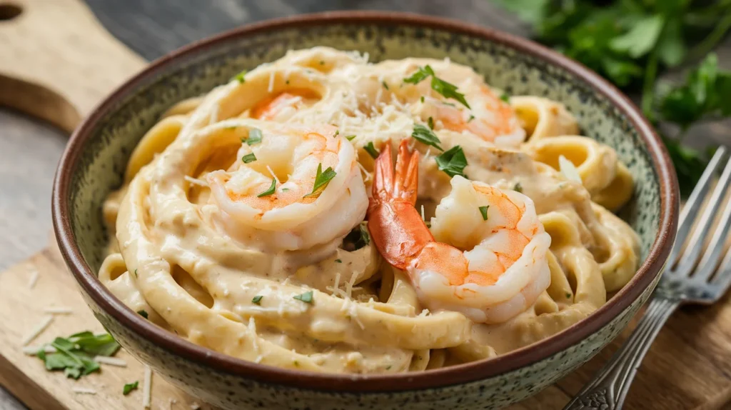 A creamy Alfredo pasta dish with chicken and shrimp, garnished with parsley and Parmesan cheese.