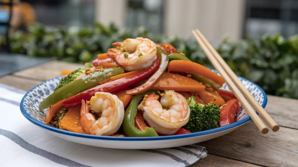 A vibrant dish of chicken and shrimp stir fry with colorful vegetables in a savory sauce.