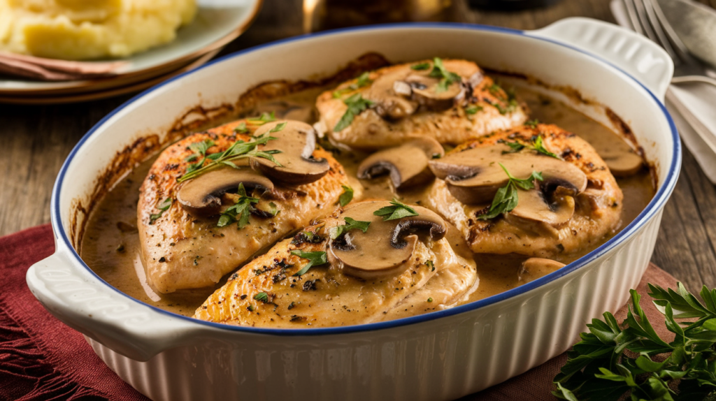 A dish of baked chicken breasts smothered in creamy mushroom sauce, garnished with parsley.