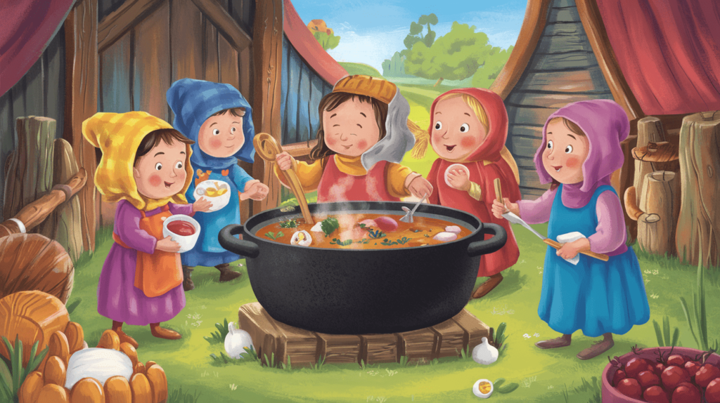 An illustration of villagers gathered around a pot of Stone Soup, adding ingredients while smiling, inspired by children’s storybook art.