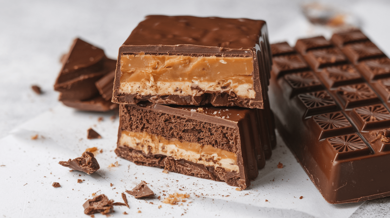 Close-up of chocolate caramel bars with a gooey caramel layer, crisp biscuit base, and a glossy chocolate coating.