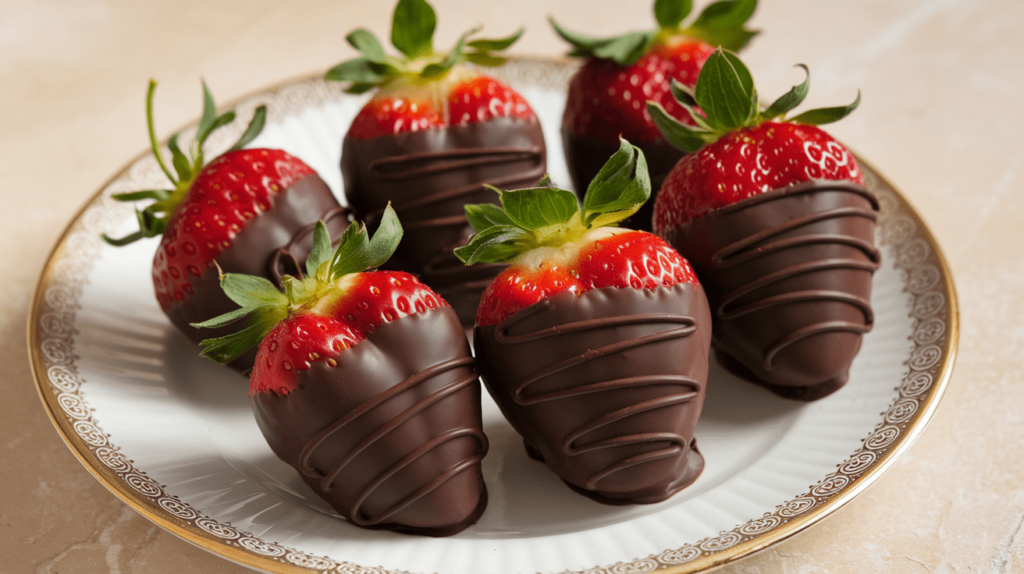 Fresh strawberries dipped in dark chocolate and neatly arranged on a decorative plate.