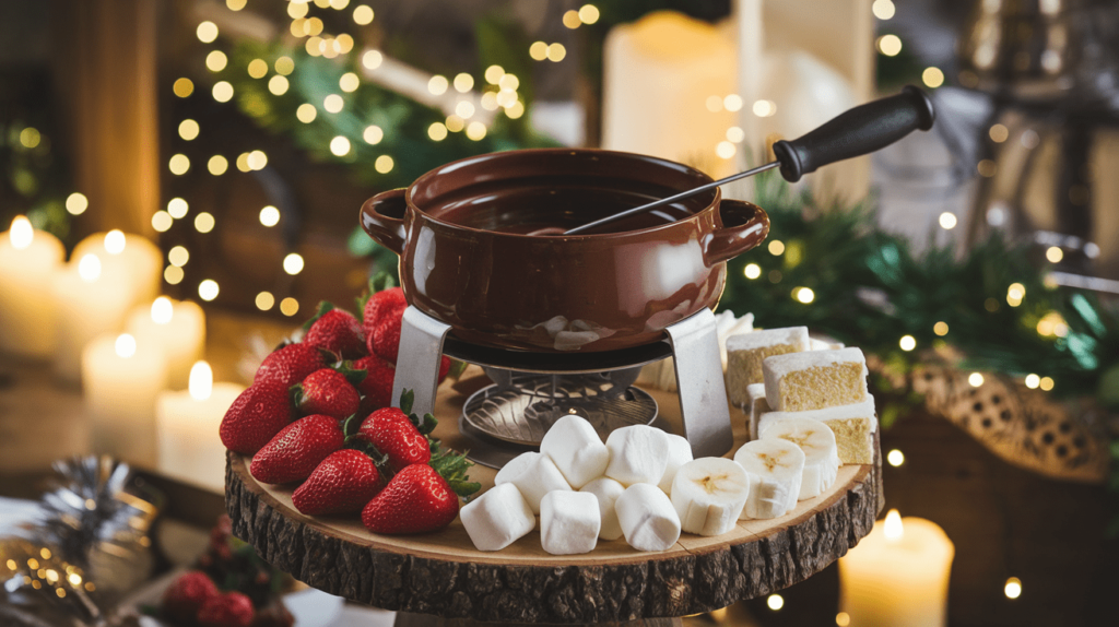 A chocolate fondue pot surrounded by fruits, marshmallows, and cake cubes for dipping.