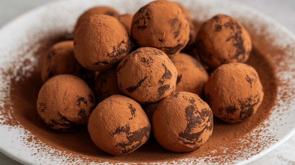 Decadent homemade chocolate truffles dusted with cocoa powder and displayed on a chic plate.