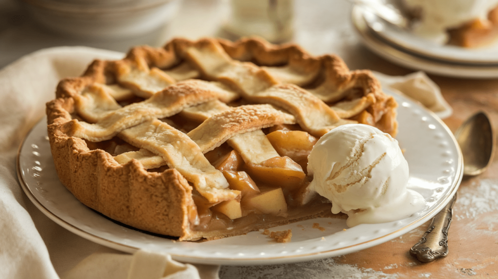 A golden-brown apple pie with a flaky crust, served with a scoop of vanilla ice cream.