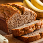 A freshly baked loaf of banana bread sliced to reveal its moist, fluffy interior.