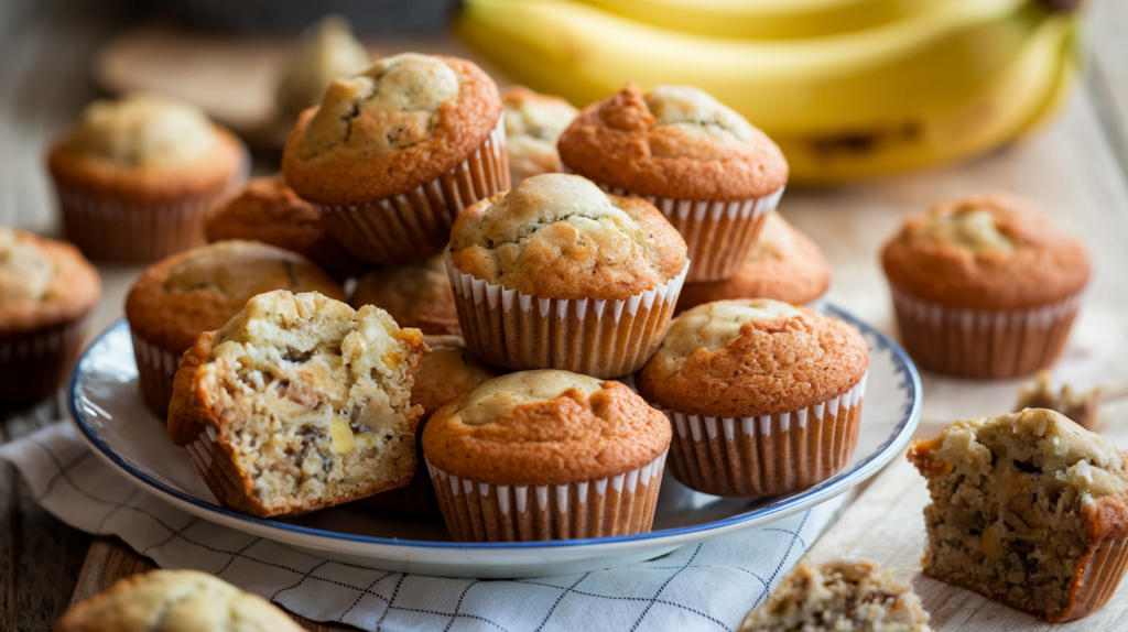 A plate of golden-brown mini banana muffins with a fluffy interior, garnished with a sprig of mint.