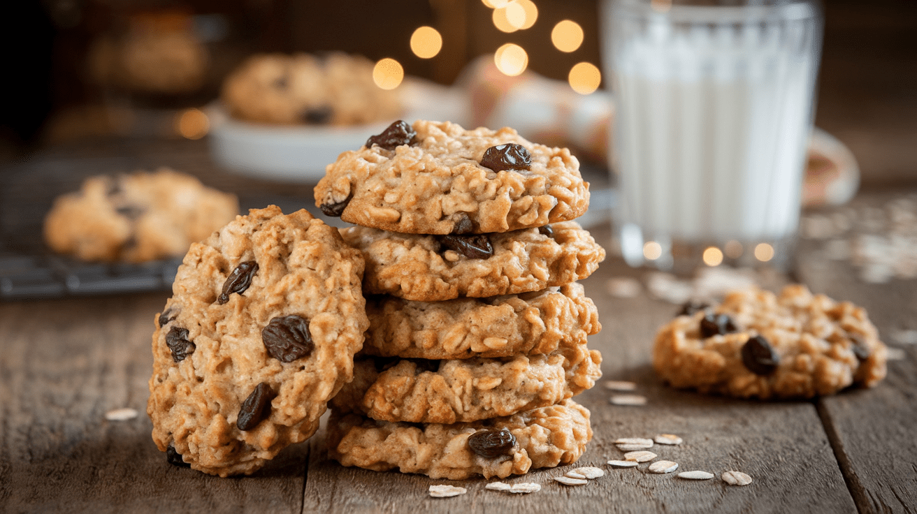 A stack of freshly baked Quaker oatmeal cookies with raisins and a hint of cinnamon, placed on a rustic wooden table.