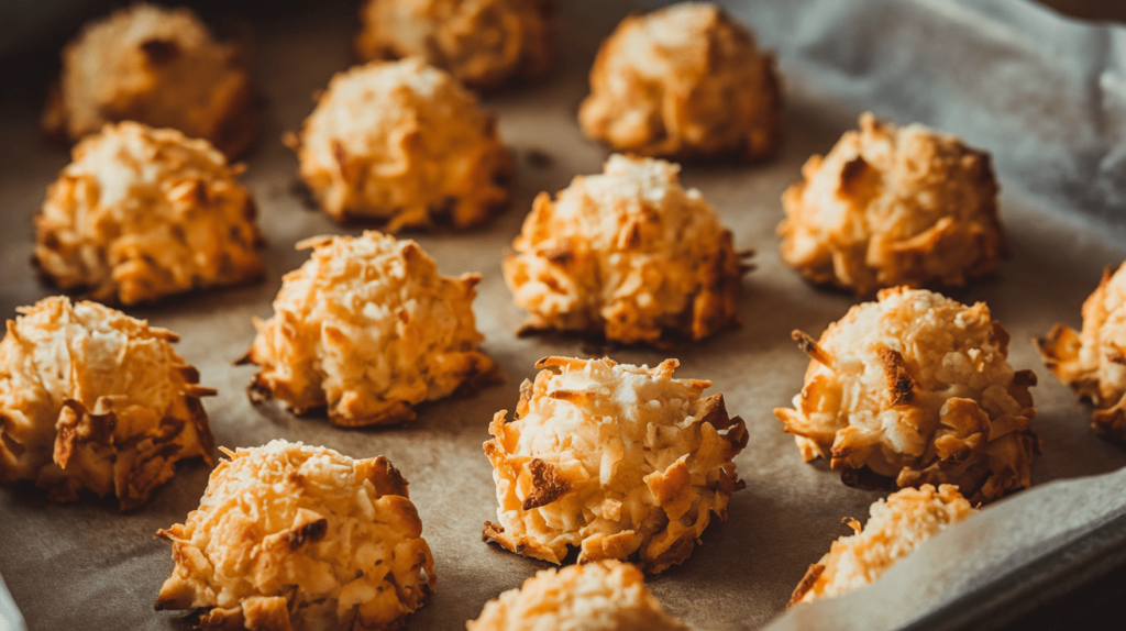 Golden-brown coconut macaroons arranged on a parchment-lined baking tray.