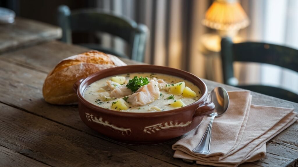 A bowl of creamy fish chowder with chunks of cod, potatoes, and parsley garnish.