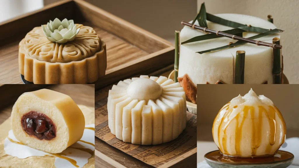 A collage featuring Asian desserts, including mooncakes, mochi, bingsu, and gulab jamun, on elegant plates.