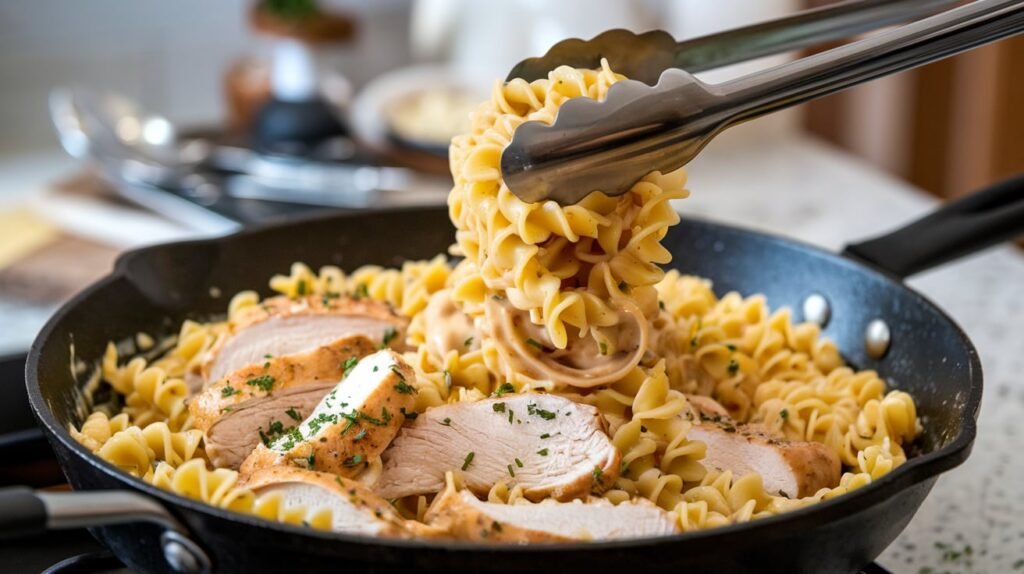 Cooked pasta and chicken slices being tossed together in a creamy sauce inside a skillet.