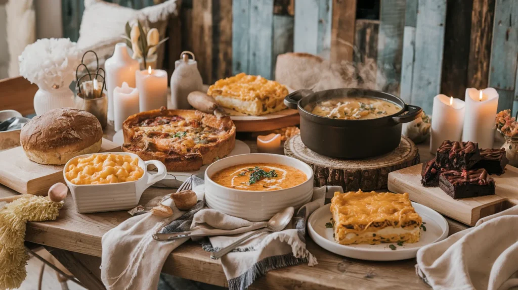 A welcoming table filled with comfort food staples like mac and cheese, lasagna, chicken soup, and freshly baked bread.