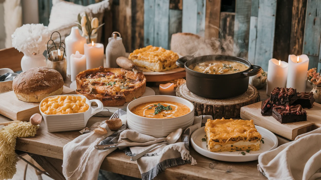 A welcoming table filled with comfort food staples like mac and cheese, lasagna, chicken soup, and freshly baked bread.