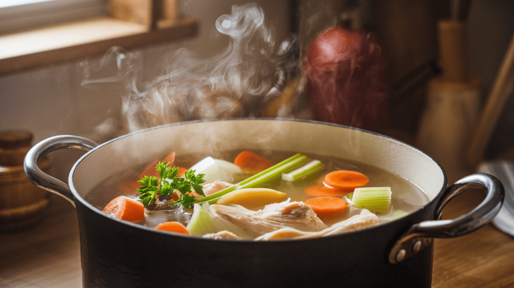 A large stockpot of chicken broth simmering with carrots, celery, onions, and herbs.