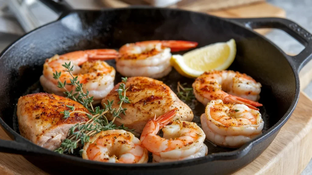 A pan with seared chicken and shrimp cooking together, seasoned with spices and herbs.