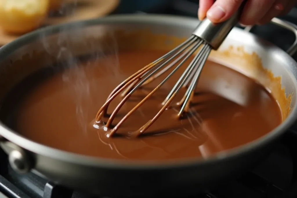 A saucepan filled with bubbling chocolate gravy being stirred with a whisk on medium heat.