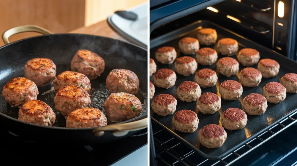 Two methods of cooking meatballs: pan-fried meatballs in a skillet and baked meatballs on a tray.