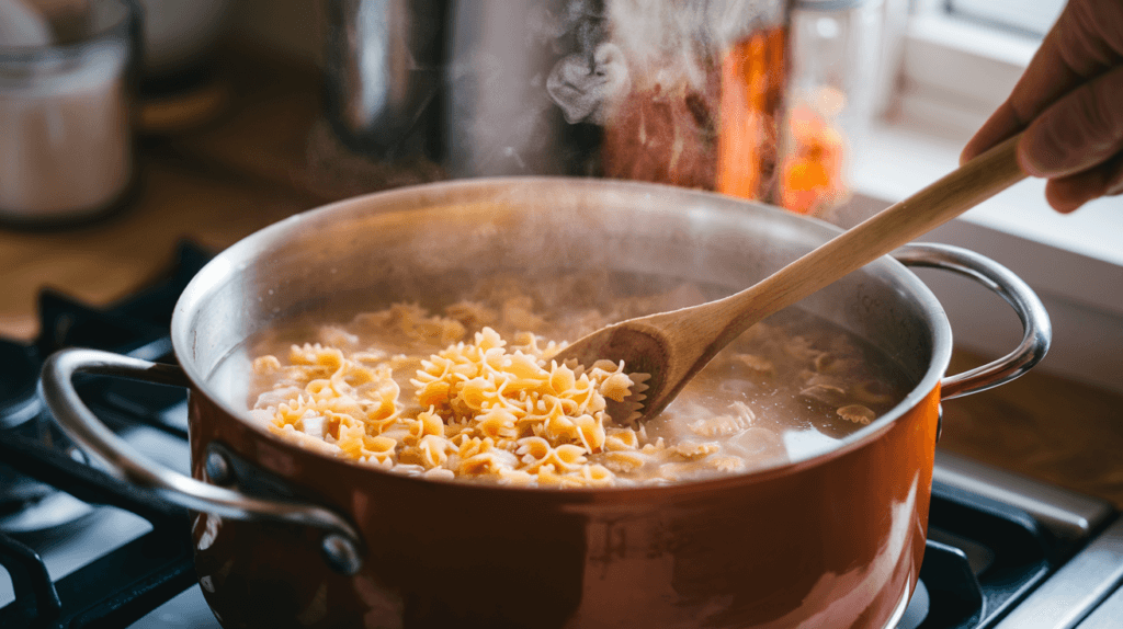 A pot of simmering broth with tiny pastina pasta being stirred.