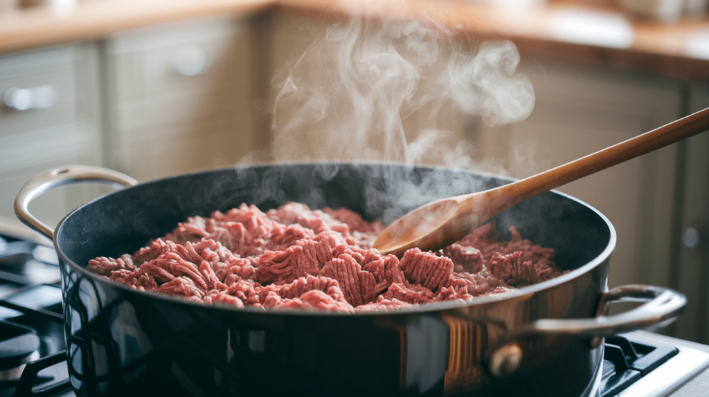 Ground beef being browned in a pot with a wooden spoon stirring the mixture, ready for the next steps in making taco soup.