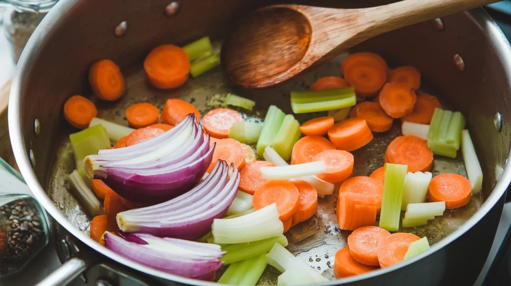 Chopped onions, carrots, and celery sautéing in a pot with melted butter.