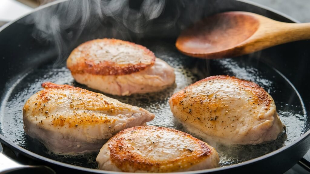 Chicken pieces being seared in a skillet with melted butter, emitting a golden-brown crust.