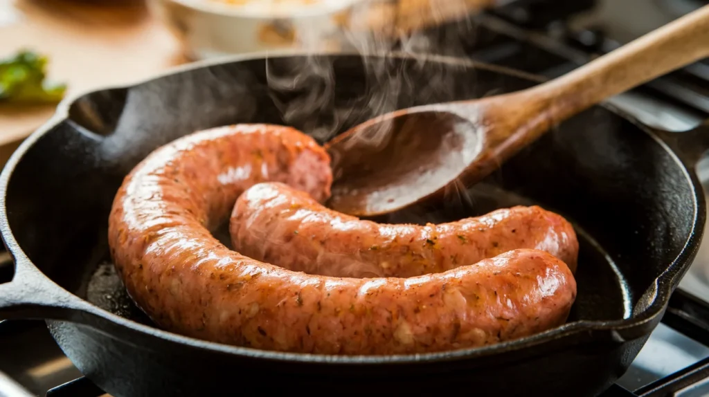 Italian sausage cooking in a skillet, browned to perfection.