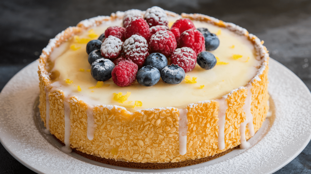 A moist and fluffy cottage cheese cake topped with a light lemon glaze and fresh berries, served on a white plate.