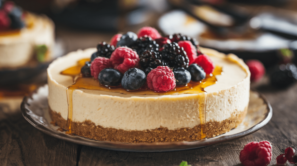 A creamy cottage cheese cheesecake topped with fresh mixed berries and a drizzle of honey, placed on a rustic wooden table.