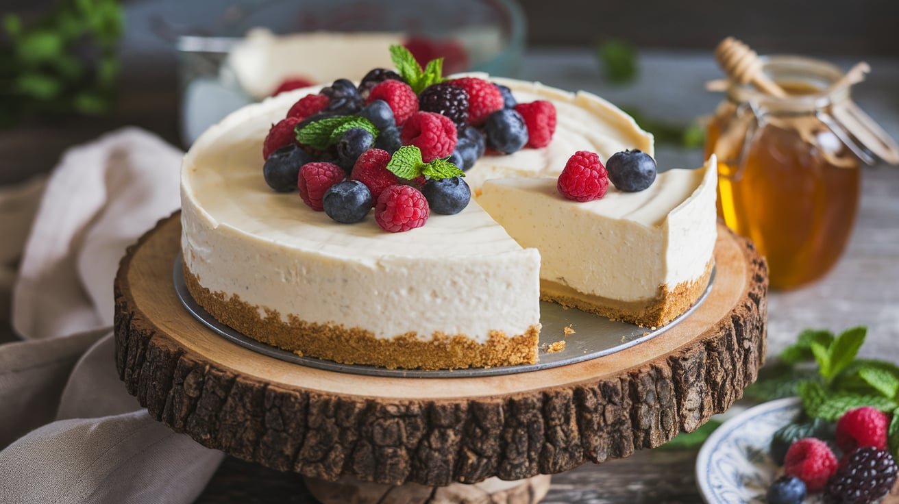 A whole cottage cheese cheesecake topped with mixed berries and mint leaves, served on a wooden cake stand with slices cut to reveal the creamy texture.