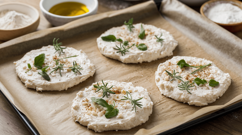 A baking tray with uncooked cottage cheese flatbread dough spread evenly and sprinkled with herbs.