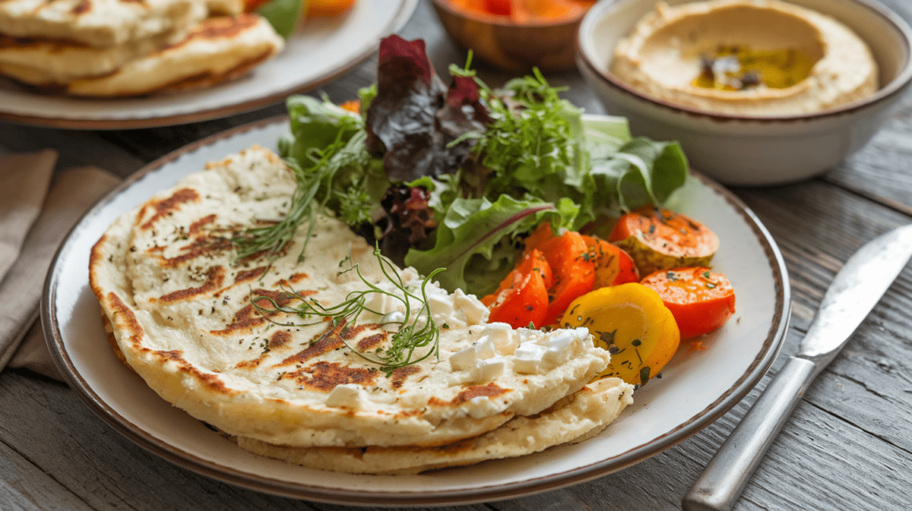 A complete meal featuring cottage cheese flatbread served with hummus, roasted vegetables, and a side salad.