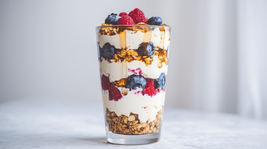 A layered cottage cheese parfait with fresh berries, granola, and a drizzle of honey, served in a tall glass.