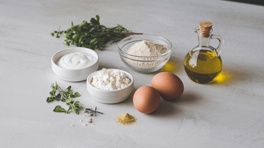 Key ingredients for cottage cheese flatbread, including cottage cheese, eggs, flour, and olive oil, arranged on a countertop.