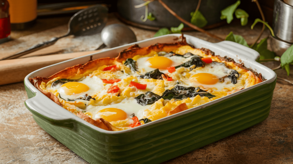 A golden-brown breakfast casserole with eggs, cottage cheese, and colorful vegetables like spinach and bell peppers, baked to perfection.