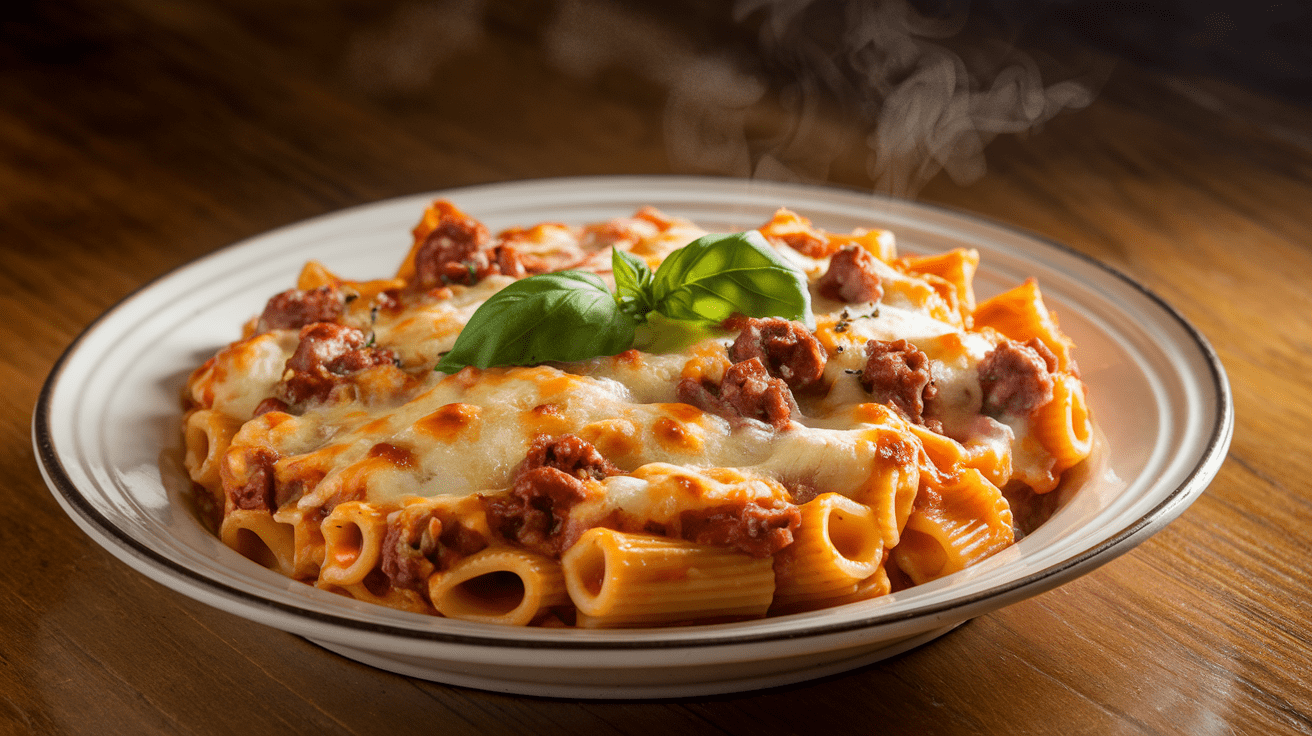 A plate of cheesy baked ziti with golden-brown crust and sausage pieces, garnished with basil.